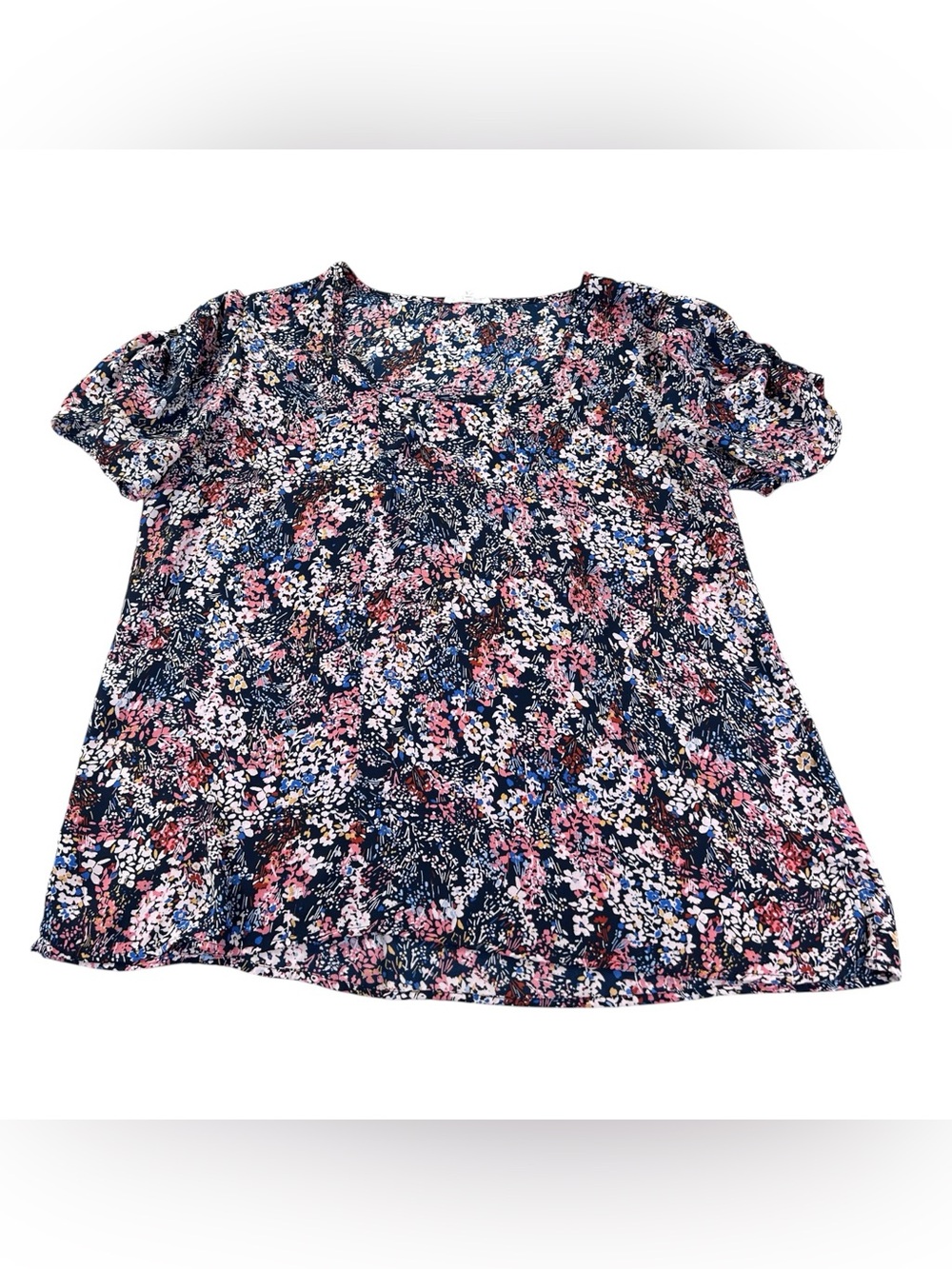 Maurices Floral Ruched Puff Sleeve Blouse Women’s L Navy Pink Floral Cottagecore